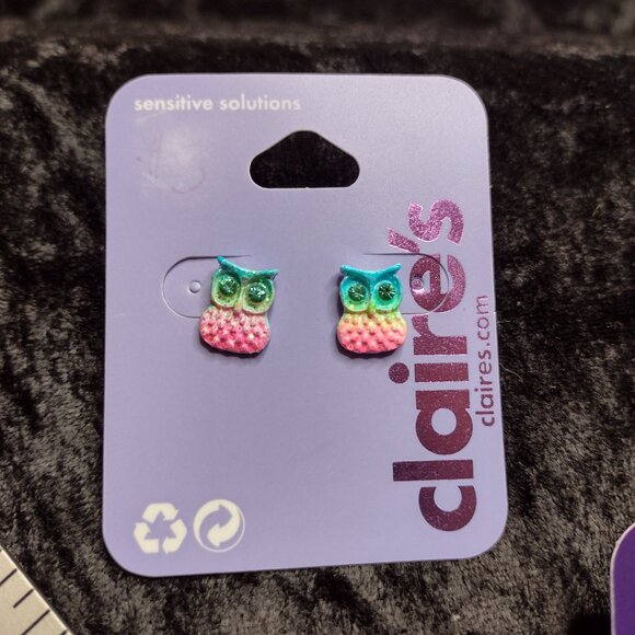 Lot 3pcs New Claires Owl Long Necklace 18k Rose Gold & Novelty Stud Earrings Set - Picture 6 of 9